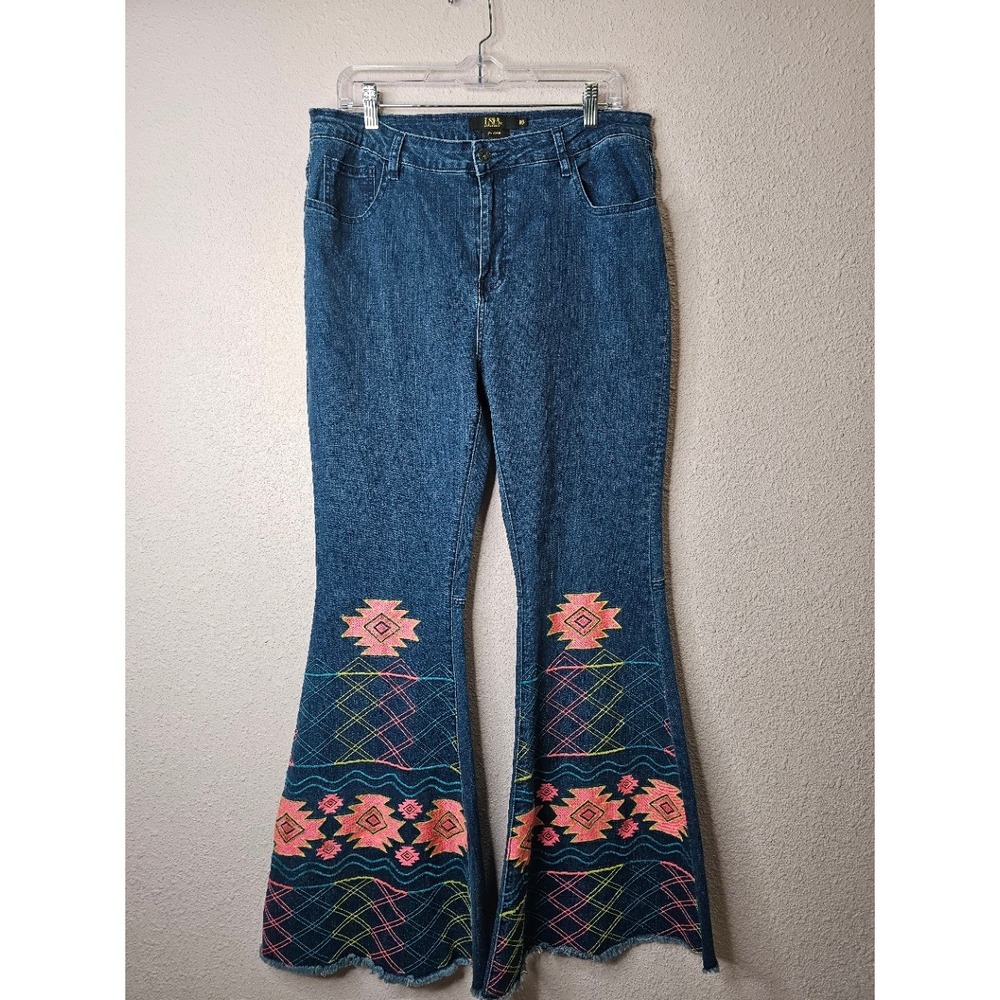 Lucky & Blessed Womens 16 Flare Jeans Blue Embroidered Southwestern Aztec Bell